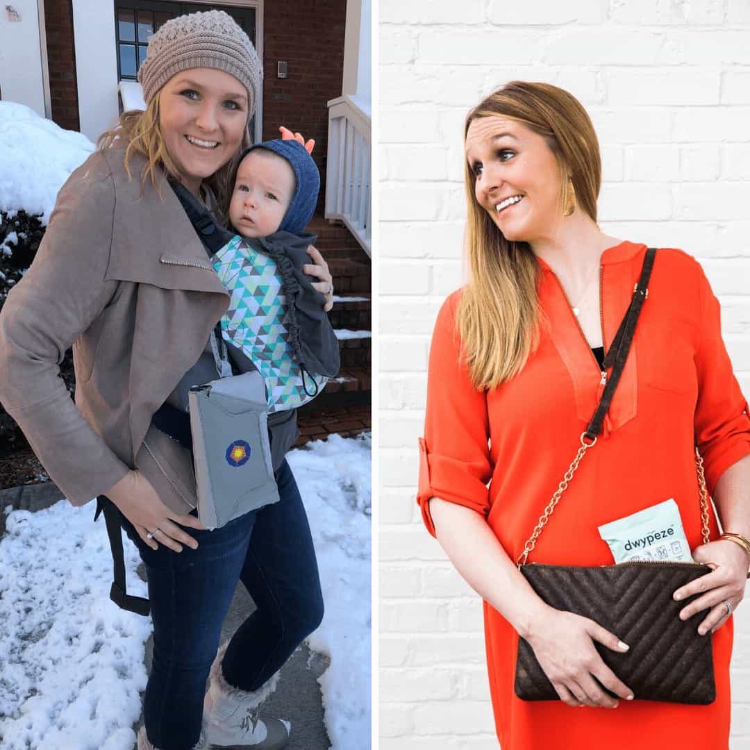 two-images-side-by-side-of-the-same-mom-with-her-favorite-diaper-bag-alternatives-one-side-she-is-wearing-a-baby-in-a-tula-wrap-with-bratpack-diaper-bag-hanging-from-tula-in-the-other-she-is-holding-a-queorkz-purse-with-dwypeze-diaper-bag-sticking-out-the-top