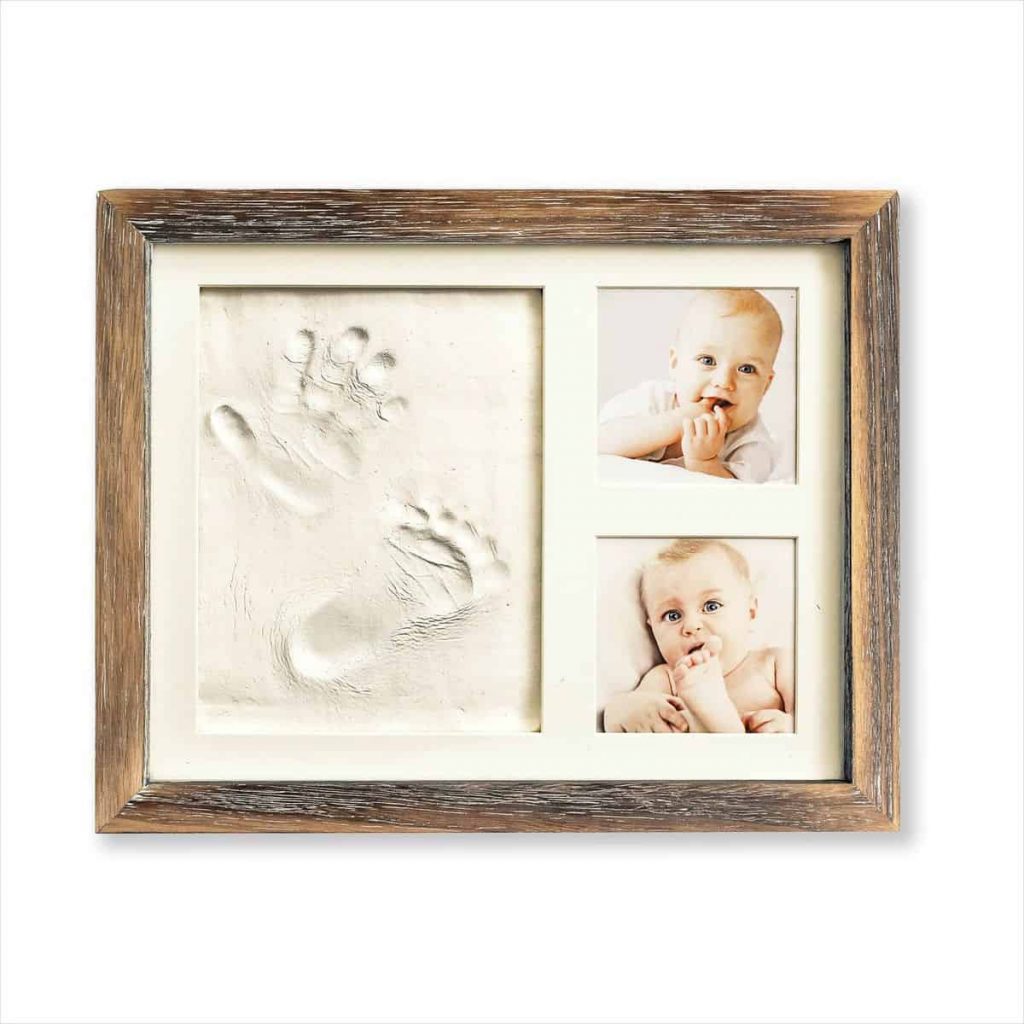 brown-frame-with-two-baby-photos-and-clay-with-babys-hand-and-foot-prints-sentimental-gift-for-a-new-mom-from-husband