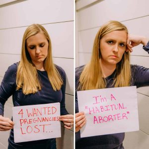 side-by-side-images-of-woman-holding-2-cards-one-announcing-4-miscarriages-the-other-saying-she-is-called-a-habitual-aborter