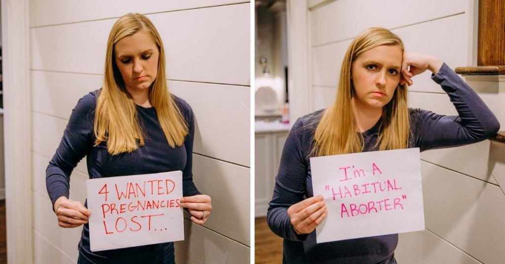 side-by-side-images-of-woman-holding-2-cards-one-announcing-4-miscarriages-the-other-saying-she-is-called-a-habitual-aborter