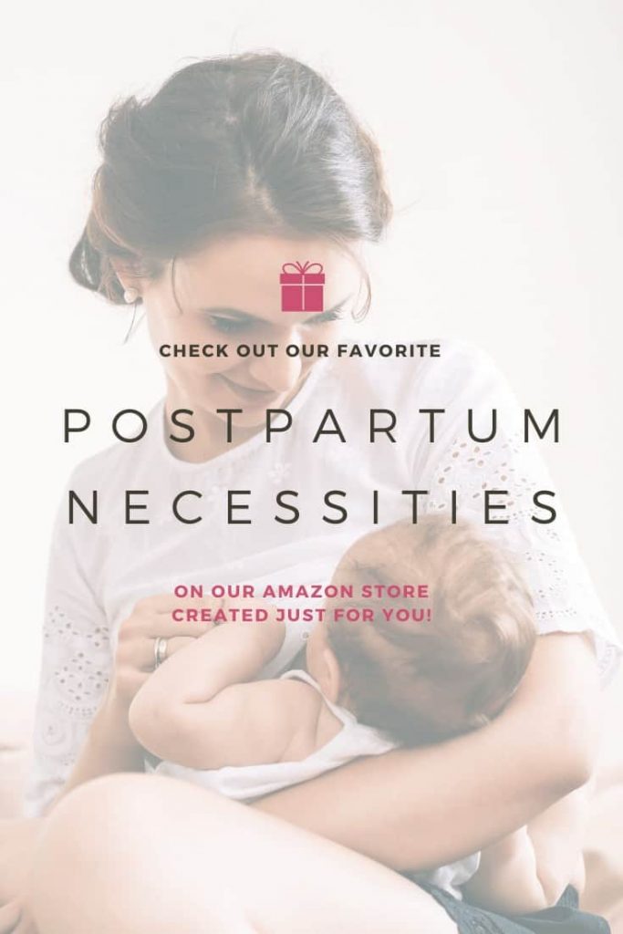 photo-of-mom-holding-new-baby-with-text-overlay-that-says-check-out-our-favorite-postpartum-necessities-on-amazon