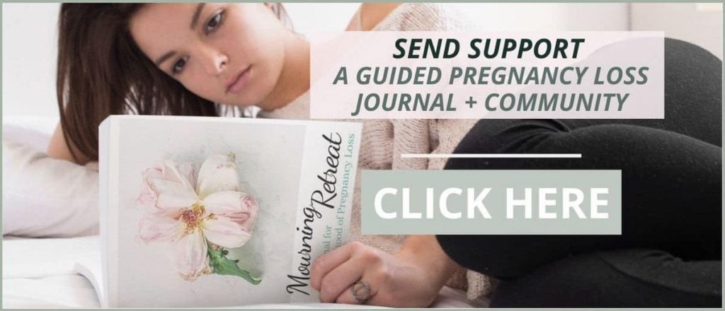 woman lying on bed reading mourning retreat miscarriage journal with text saying to click to send the journal as a supportive miscarriage gift