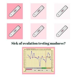 photo with six ovulation tests with different results and a confusing basal body temping chart on bottom with text in between that says sick of ovulation testing madness?
