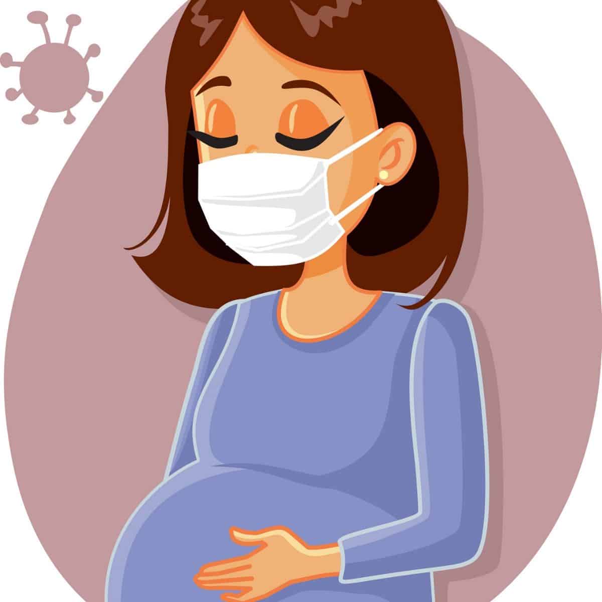 cartoon photo of a pregnant woman wearing a face mask