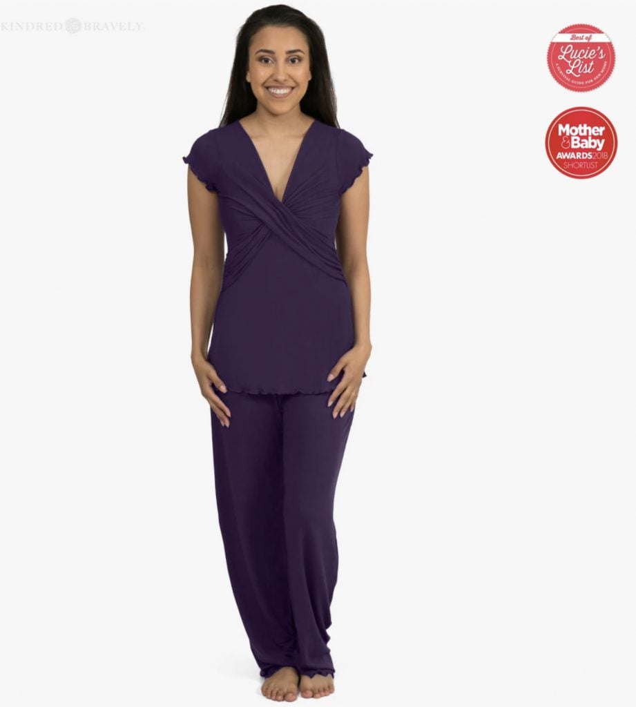 woman wearing purple nursing pajamas