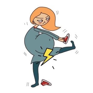 cartoon image of pregnant woman trying to put on shoes while experiencing lightning crotch