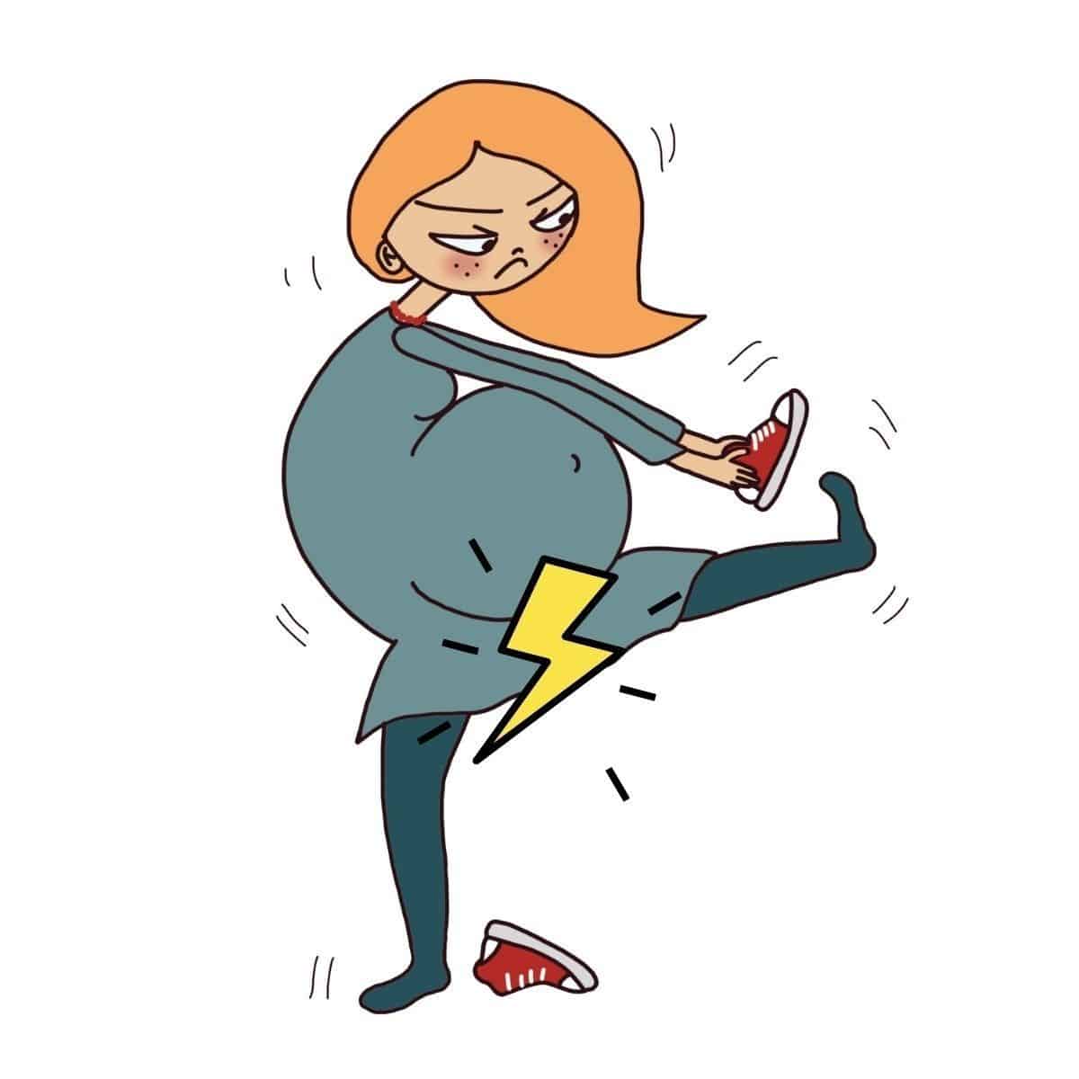 cartoon image of pregnant woman trying to put on shoes while experiencing lightning crotch