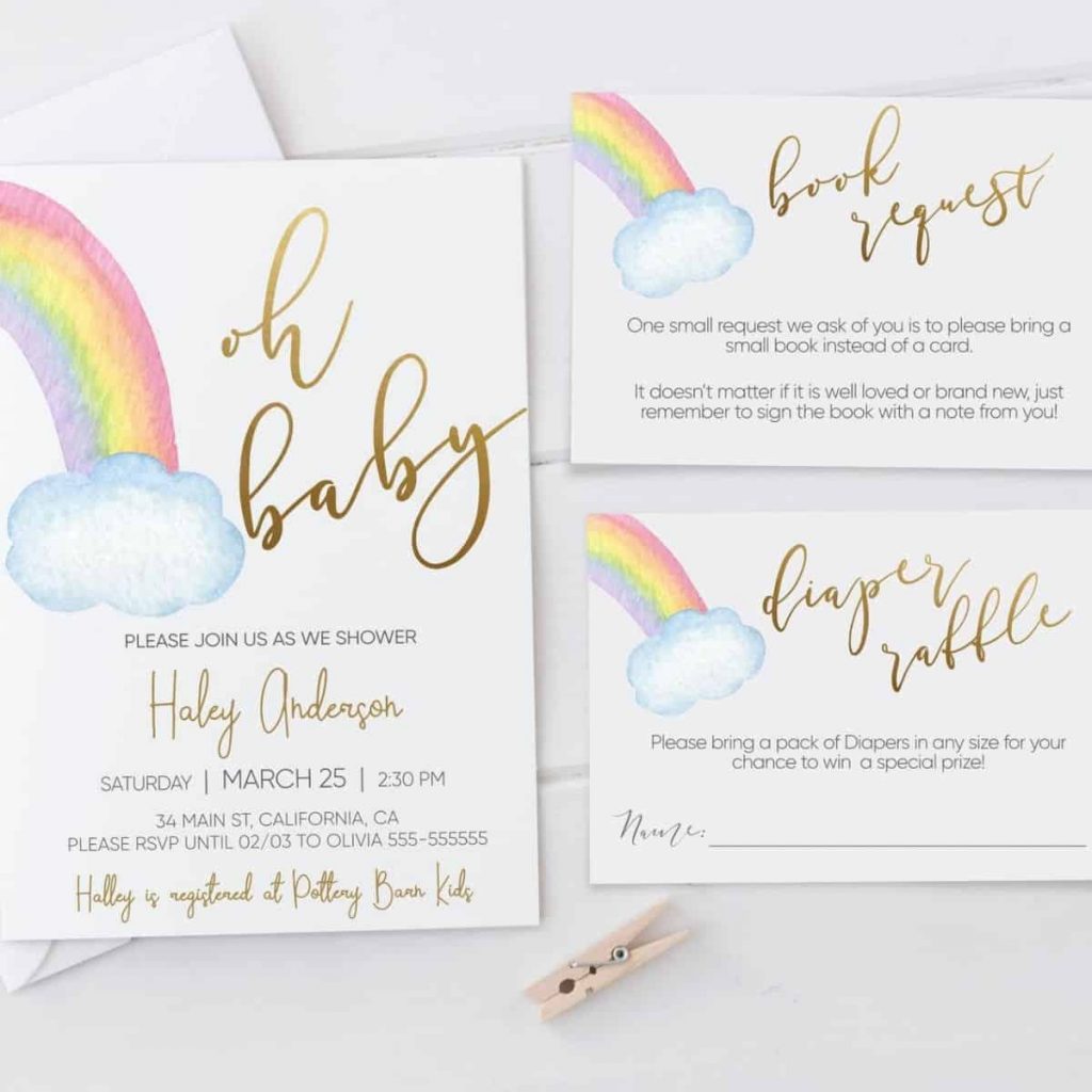 Rainbow baby show invitation kit showing three types of invitations included