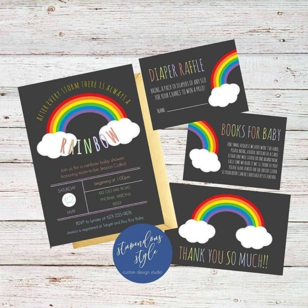 four rainbow baby shower invitations that say "after every storm"