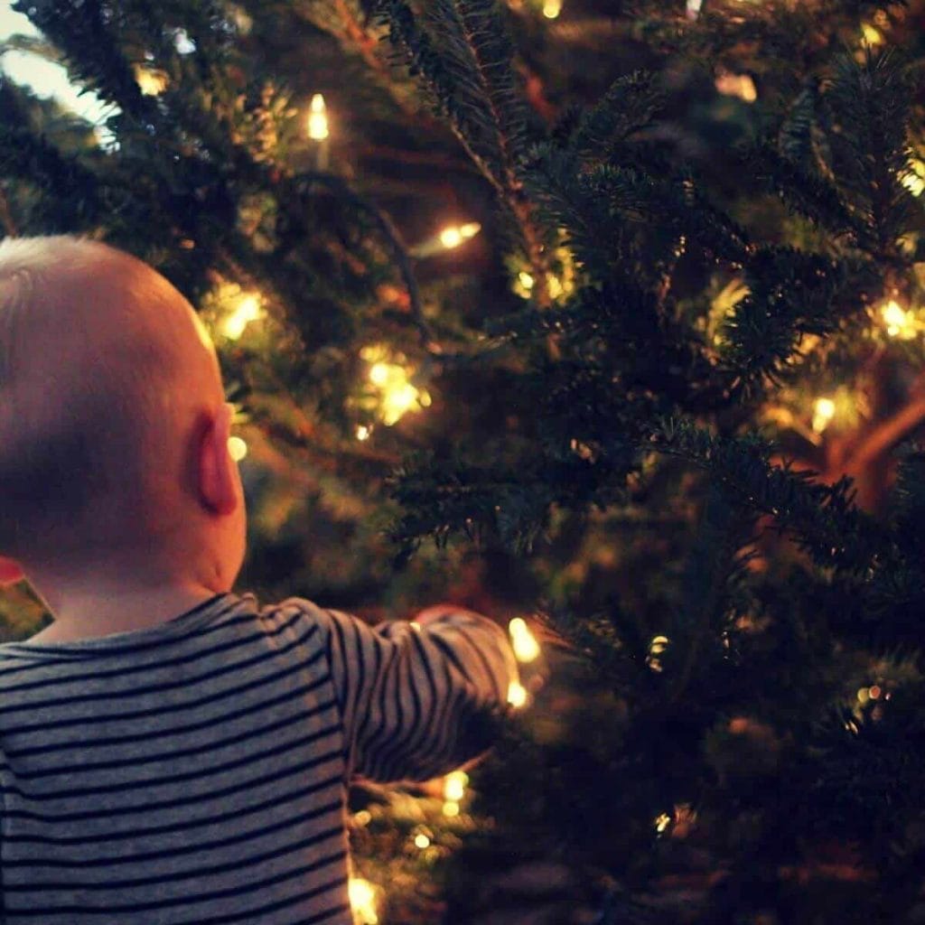 Baby stands with his back to the viewer in front of Christmas tree with lights