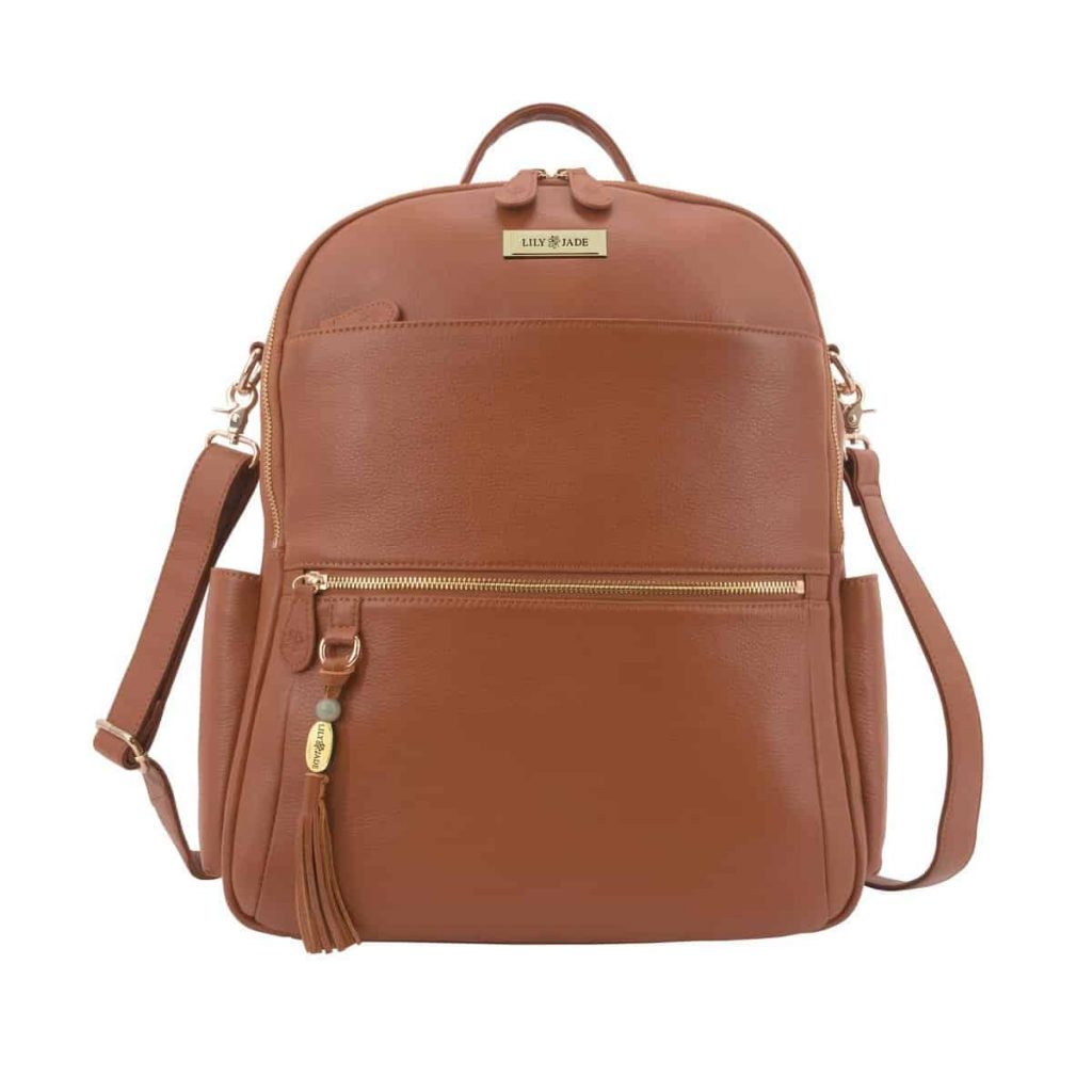 beautiful brown leather backpack with gold trim