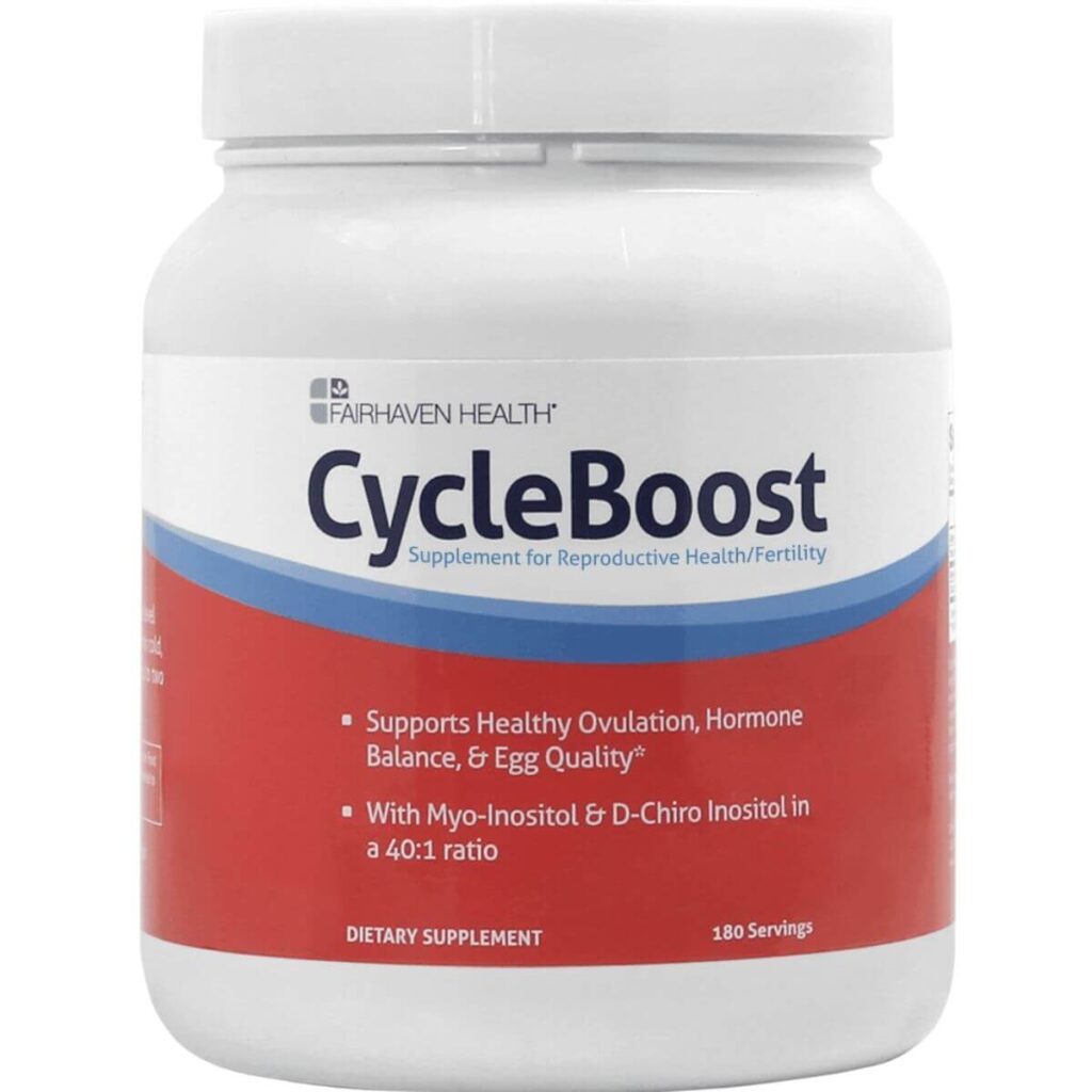 A white pill bottle sits on a white background with a label that says CycleBoost by Fairhaven Health and an orange section under the brand and product name that describes the ingredients