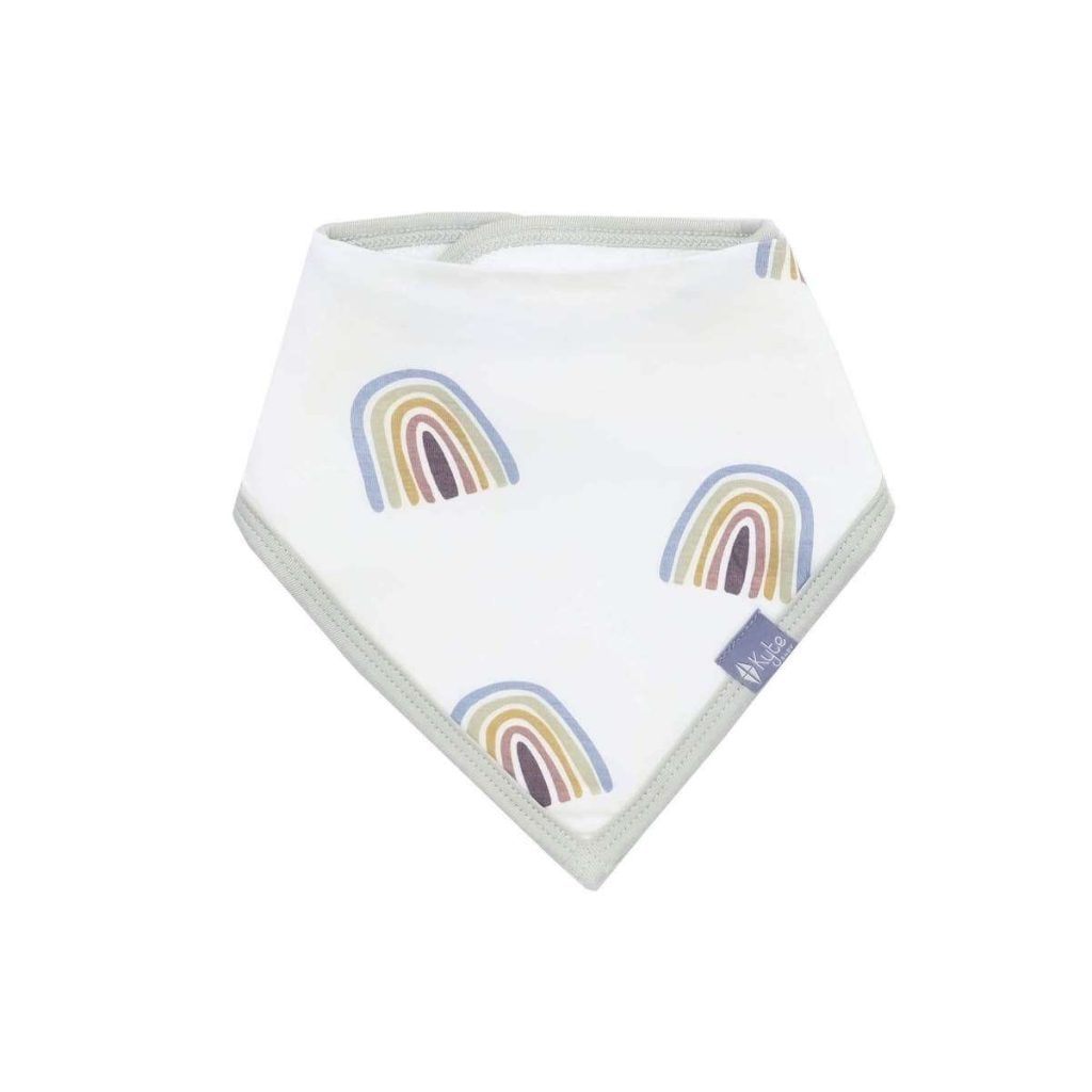 white bandana bib on a white background with gray lining and rainbows printed on the bib