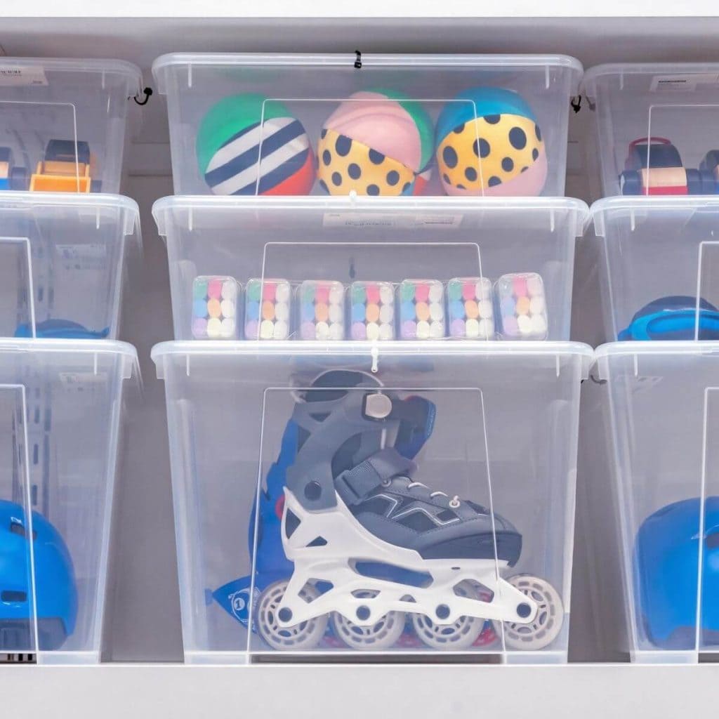 Nine different sized clear plastic bins holding rollerskates, a helmet, balls, chalk, and multiple toy trucks