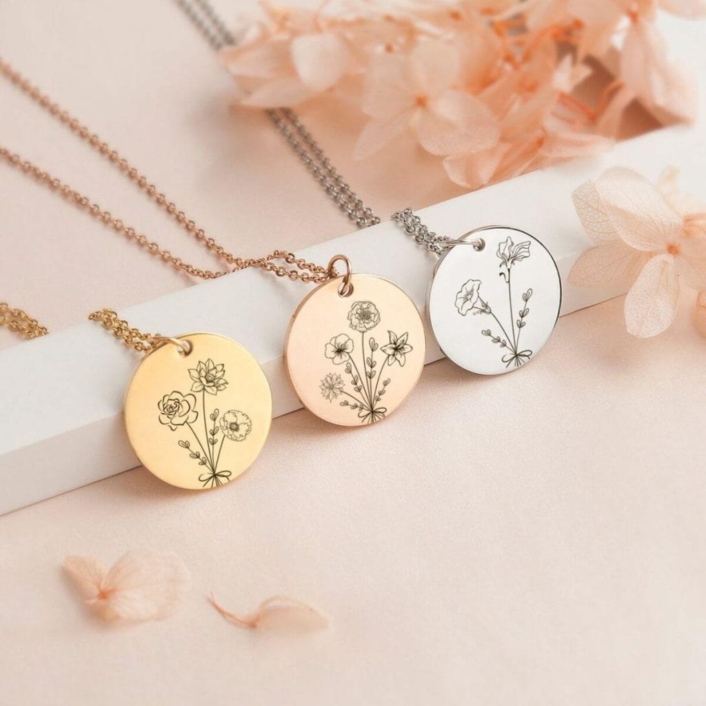 Three necklaces lay on a light pink table. One necklace is gold, one is rose gold, and the other is silver. Each necklace has a different birth flower on it.