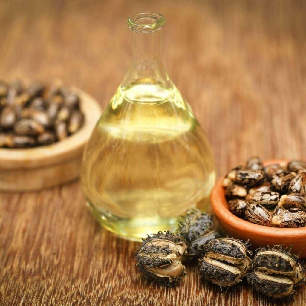 A medium brown table has two bowls of castor seeds and a clear bottle of castor oil in the middle.