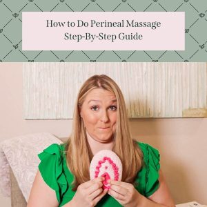 Blonde woman holding crocheted vagina with an excited look on her face and text overlay that says how to do perineal massage step by step guide