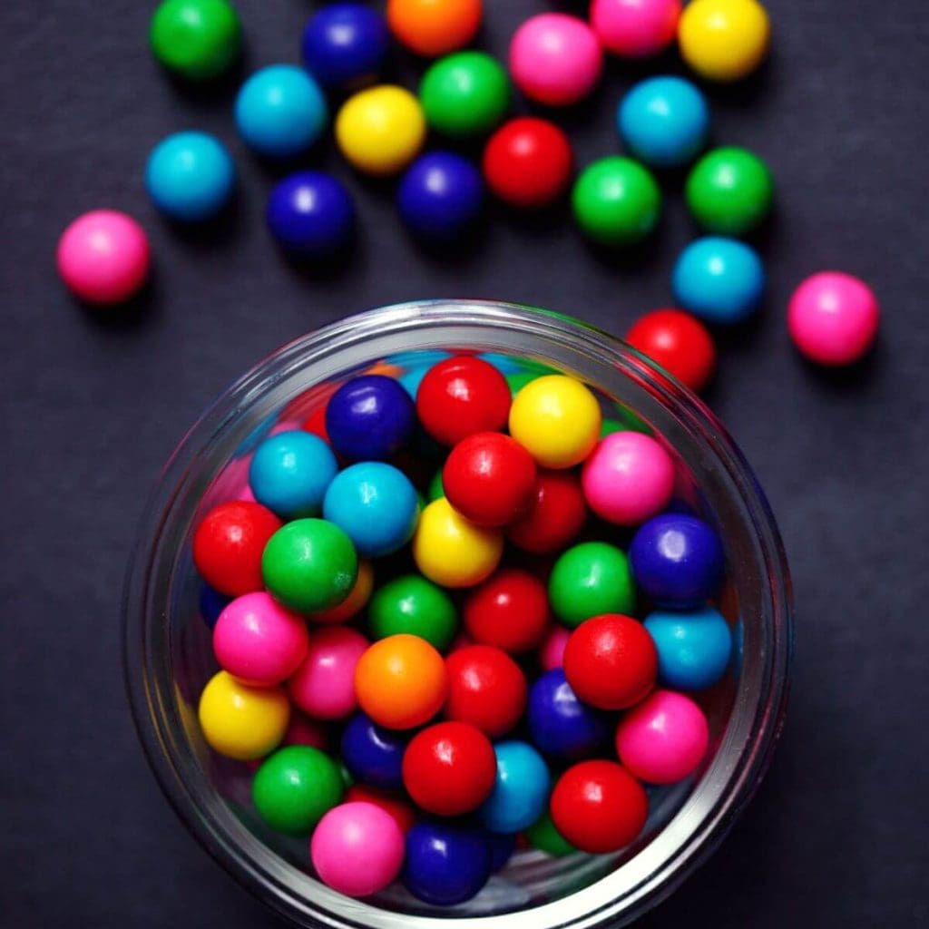 A jar of light blue, dark blue, red, orange, pink, green, and yellow gumballs are sitting on a dark blue table.