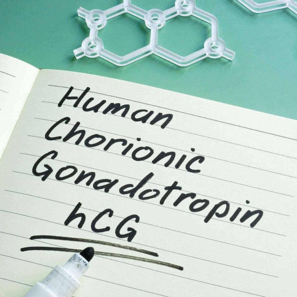 There is a teal colored table with a lined notebook on it. The notebook has a black marker laying across it and the words Human Chorionic Gonadotropin hCG written on it.