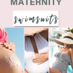 a vertical image with a pink top and a photo grid on the bottom. At the top is text that says cutest maternity swimsuits, and there is a photo of a different pregnant woman in each grid space on the bottom. On the left is a woman holding her belly wearing a red bikini with a sun drawn on her belly in sunscreen. In the middle photo is a woman in a straw hat and a white one piece maternity swimsuit looking down and wrapping her arms around her belly. On the left is a woman in a black and white maternity swimsuit sitting in front of a pool in a straw hat.
