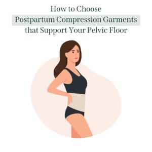 A graphic image of a woman wearing a postpartum support belt with text at the top that says how to choose postpartum compression garments that support your pelvic floor
