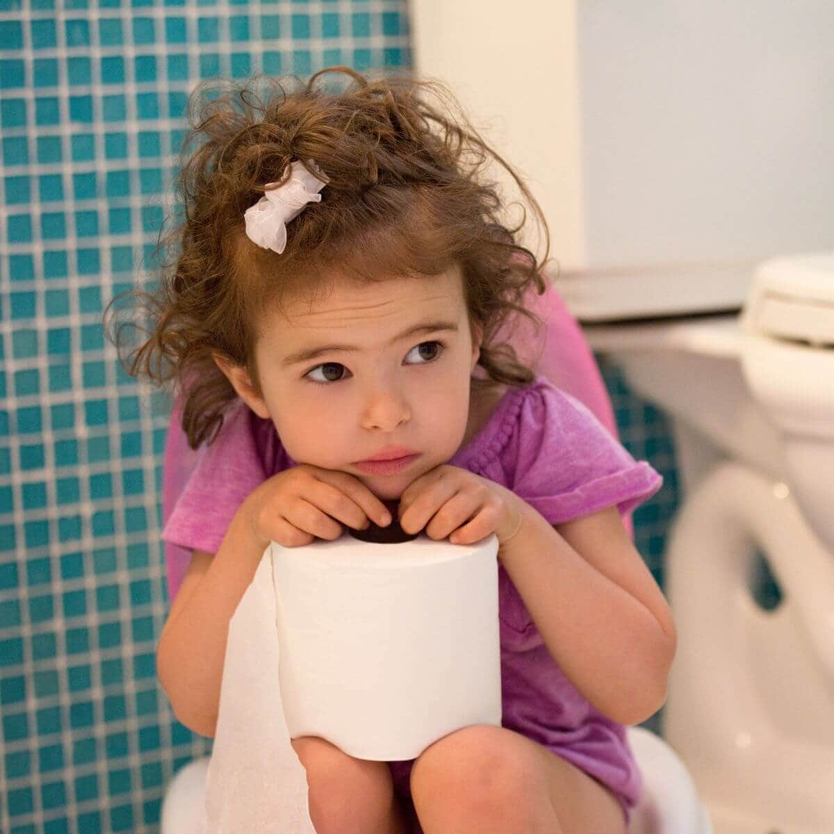 In the background is a white toilet and blue tiled wall. A little girl is sitting on a potty seat. She is wearing a purple dress and has her hands and chin resting on a roll of toilet paper
