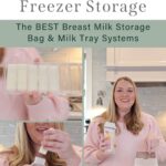 A rectangular image with text at the top and 3 photos at the bottom. At the top, it says Breast Milk Freezer Storage: The BEST Breast Milk Storage Bag & Milk Tray Systems. On the bottom, it shows 2 close-up images of a woman using frozen breastmilk sticks. In one photo, she's putting a stick of frozen breastmilk into a bottle. In the other, she's showing off a milk tray with 5 frozen sticks of breast milk. To the right of these two close-up images, there's a larger photo showing the same woman holding a bag of frozen breast milk, while pointing to the organizational system she uses that allows her to put that milk in her freezer without having bags fall everywhere.