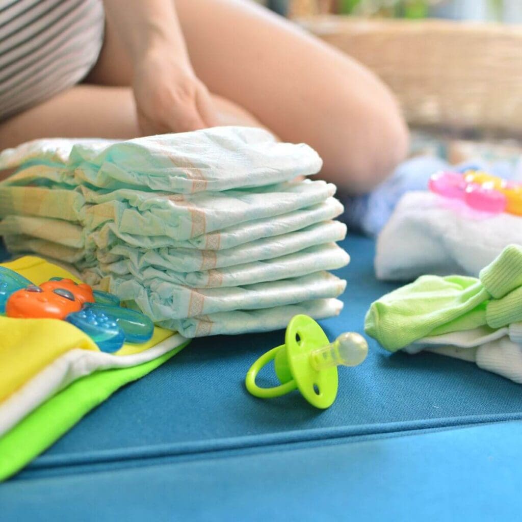 On a blue mat sits a stack of diapers, a green pacifier, green, white and yellow burp cloths, and white and light green socks.