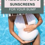 Pinterest image of a pregnant woman with a white swimsuit that says "12 best pregnancy safe sunscreens for your bump"