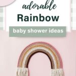 Pinterest Pin with sage green gingham background. There's an image of a pink-toned rainbow nursery decoration. Text says "37 adorable rainbow baby shower ideas."