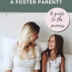 Image of a woman and 10 year old girl sitting together smiling and talking. Text says "Should you become a foster parent? A guide to the process."