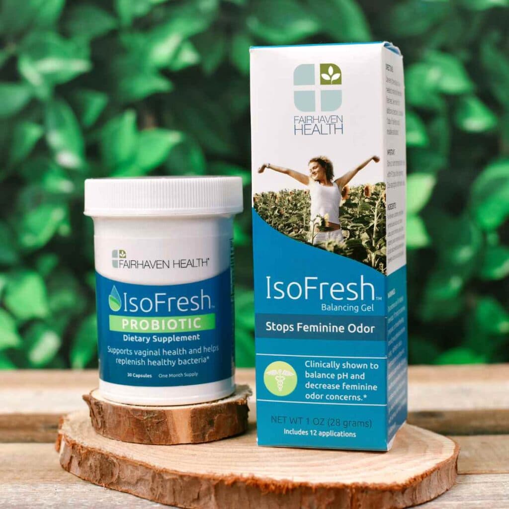 IsoFresh Probiotic and Gel products on top of a wooden base