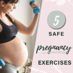 Pin depicting a pregnant woman in a black sports bra doing bicep curls with small weights. Text reads "5 safe pregnancy exercises."