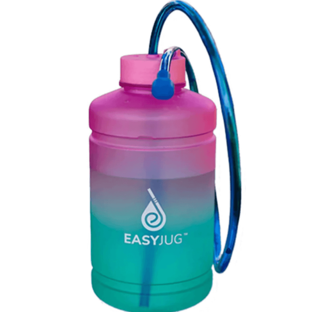 Gradient-colored EASYJUG water bottle designed for breastfeeding women, featuring a pink to teal color transition, with a secure blue handle and pink screw-on cap for easy access to hydration.