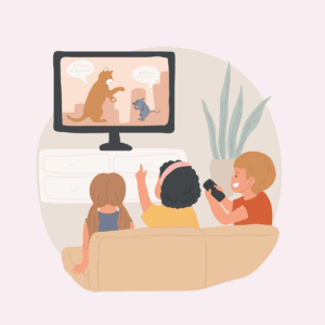 Illustration of three young children sitting on a beige couch and watching an educational TV show featuring an animated cat and mouse talking to each other in speech bubbles. The child in the middle, with brown hair, is pointing at the screen, while the child on the left, wearing a yellow shirt, is looking up at the screen. The child on the right, with blonde hair, is holding a remote control. In the background, there's a plant on the right side, contributing to the cozy atmosphere of the room.