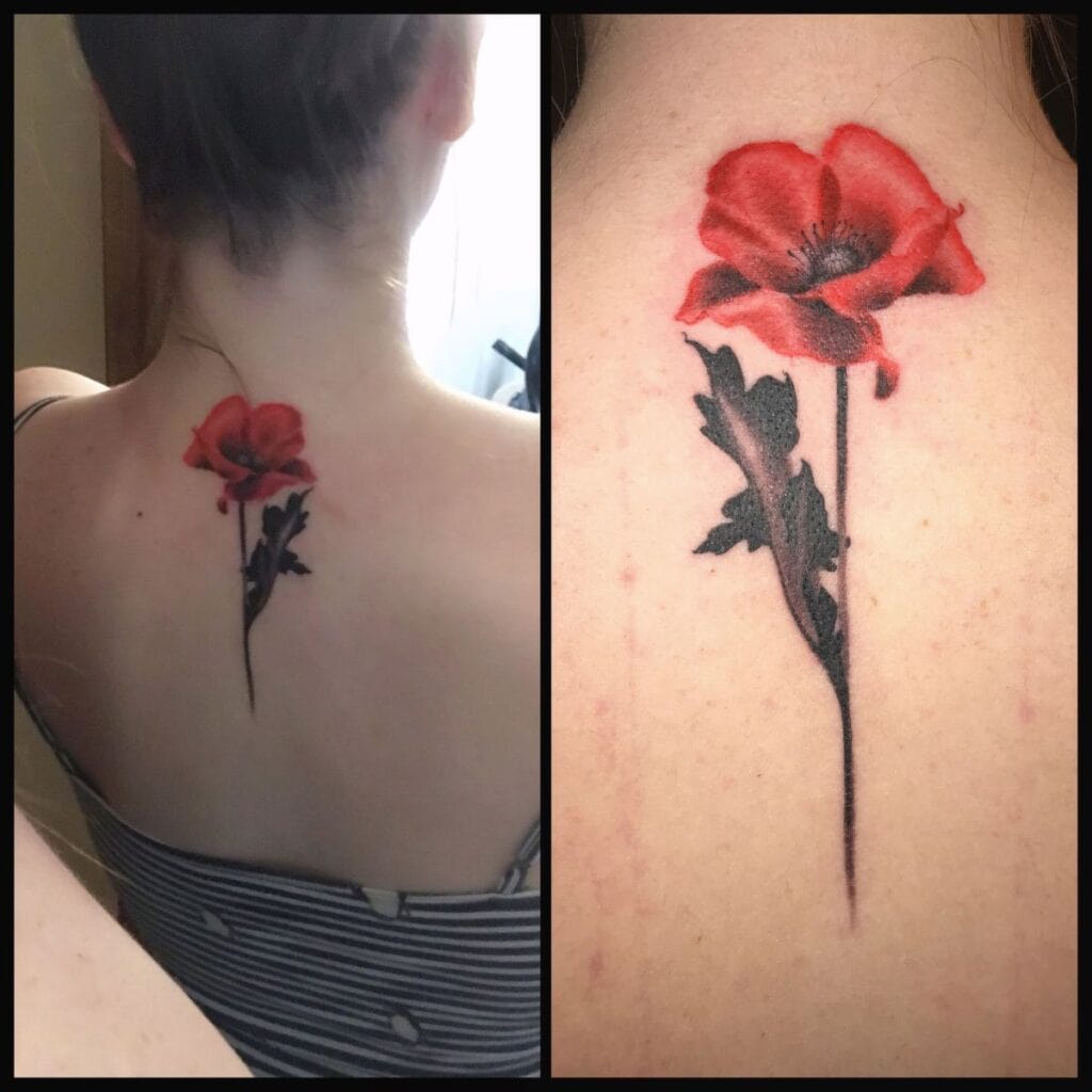 A split image of a miscarriage tattoo, one showing the location at the base of the mother's neck, the other showing a close-up of the tattoo itself. It is a detailed, vivid red poppy with a straight stem and one dark leaf. 