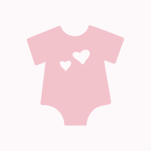 A simple, flat design of a baby onesie in a soft pink color, featuring two white hearts on the chest. The onesie has short sleeves and a round neckline, with the snap fasteners at the bottom typical for infant bodysuits. The design is minimalist, using flat colors without any additional textures or shadows, which gives it a clean and modern look. The image has a plain white background that highlights the pink onesie.